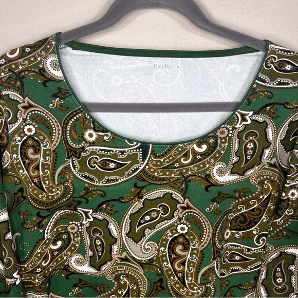 LARGE KIM ROGERS GREEN BEIGE PAISLEY  TOP STRETCH CASUAL  BOHO ELEGANT - Picture 7 of 10